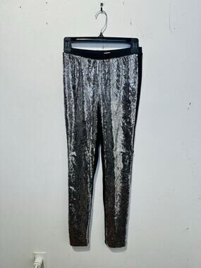 JENNI KAYNE Silver Sparkle Sequin Black Fitted Slim Pants Disco NYE Pants sz S